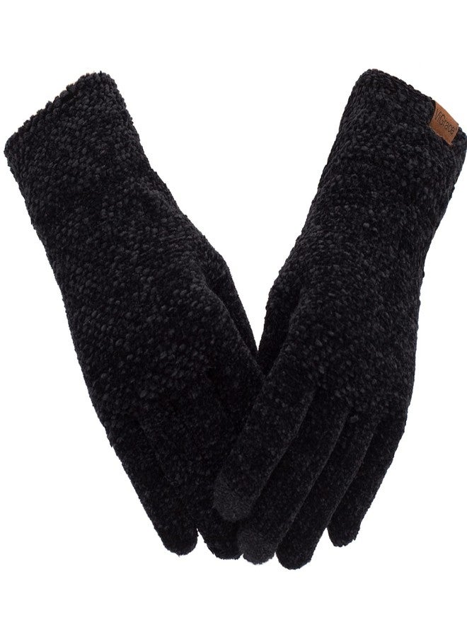 ViGrace Winter Touchscreen Gloves for Women Chenille Warm Cable Knit with 3 Touch Screen Fingers Texting Driving Elastic Cuff Thermal Glove Black,Large - Image 1